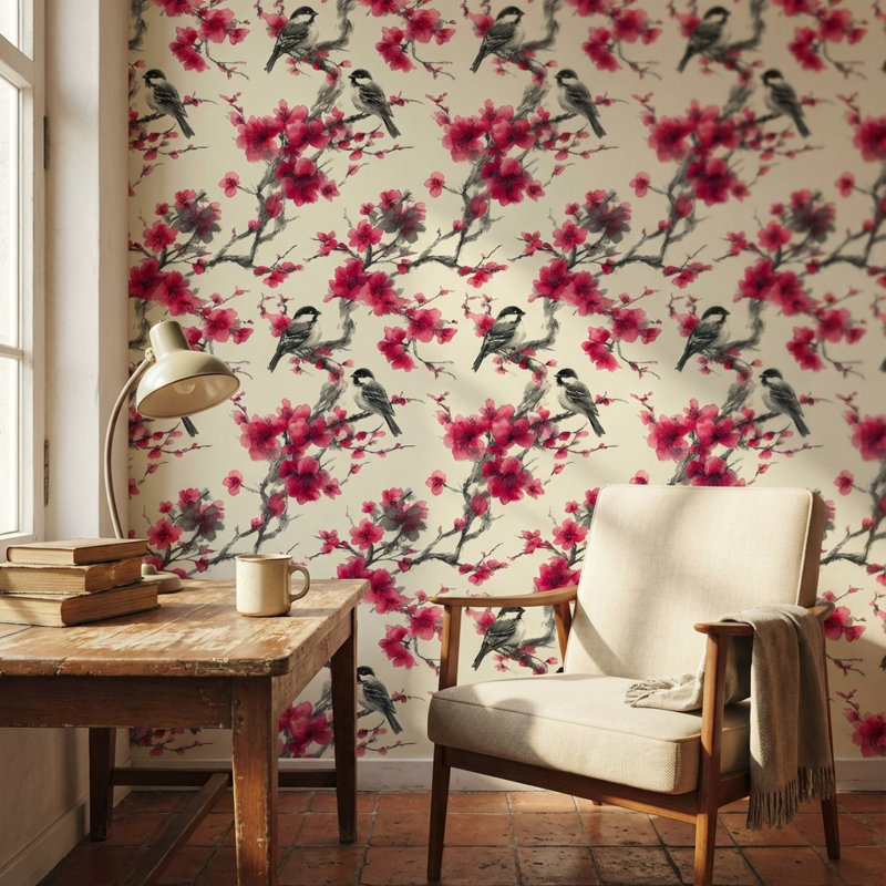 Papier peint floral avec oiseaux, Peler et coller