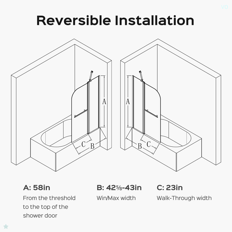 43 In. W * 58 In. H Frameless Folding Shower Doors For Bathtub, 1/4" (6Mm) Thick SGCC Tempered Glass Door, Bathroom Pivot Tub Glass Door