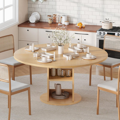 Round Farmhouse Dining Table for 4-6, Wood Kitchen Table with 2-Tier Storage Shelf & Sturdy Circular Base, Natural