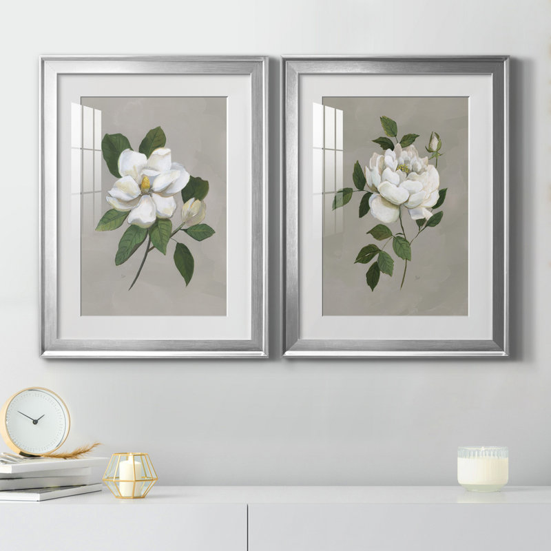 Magnolia botanique - ensemble de 2 reproductions d'art, H 30,5 po x l 85 po x P 1,5 po, Papier avec cadre argenté, Blanc