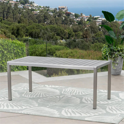 Table de salle à manger en aluminium Coral avec plateau en faux bois, finition grise, gris