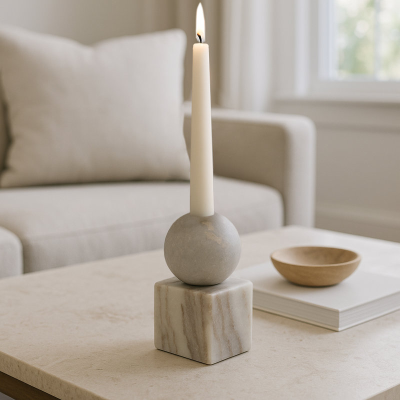 Modern Candle Holder Marble Sphere and Polished Block Base - Decorative Candle Holder for Home and Living Room Styling - Luxury Sculptural Tabletop Candle Holder For A Timeless Ambiance Setting
