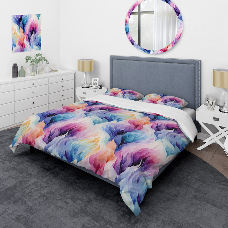 Ensemble de housse de couette abstrait coloré Ikat Mirage, Housse de couette pour très grand lit et 2 très