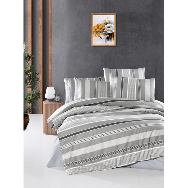 Ensemble de housse de couette Elegant, 100% coton Ranforce, 94,5 po x 86,6 po | Gris doux et blanc | 145 fils au pouce carré, lavable en machine à 104 ° F | Comprend 2 taies d'oreiller (23,6 po x 23,6 po) avec fermeture à enveloppe