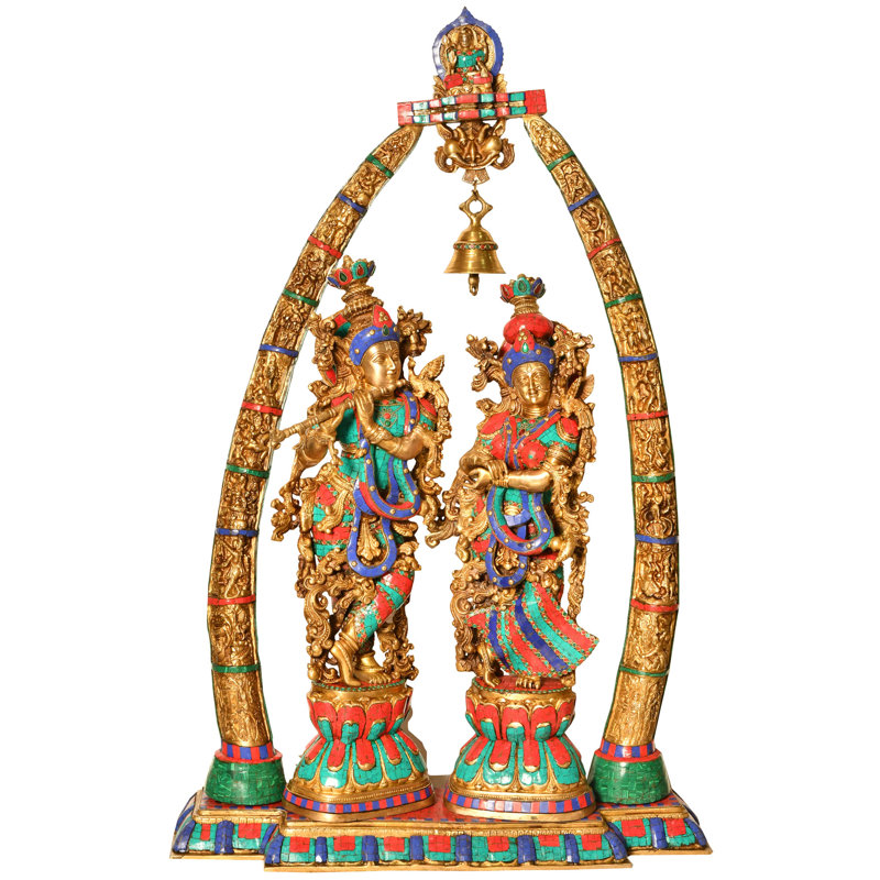 45" Large Radha Krishna Brass Statue with Arch - Handcrafted Krishna Leela Temple Sculpture for Grand Home Decor