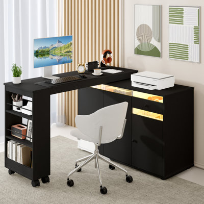 Bureau d'ordinateur en L avec armoire de rangement, tiroir et tablette, bureau à domicile rotatif et convertible avec lumière DEL