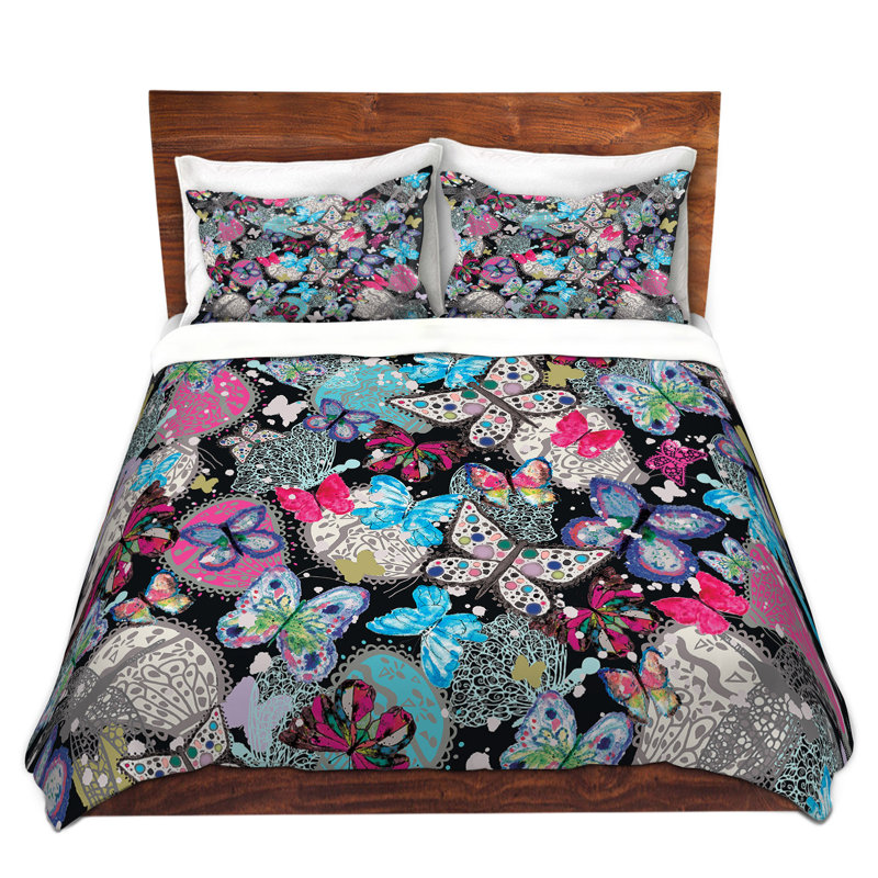 Ensemble de housse de couette papillons, 1 housse + 2 taies très grand lit, Mauve / rose clair / bleu