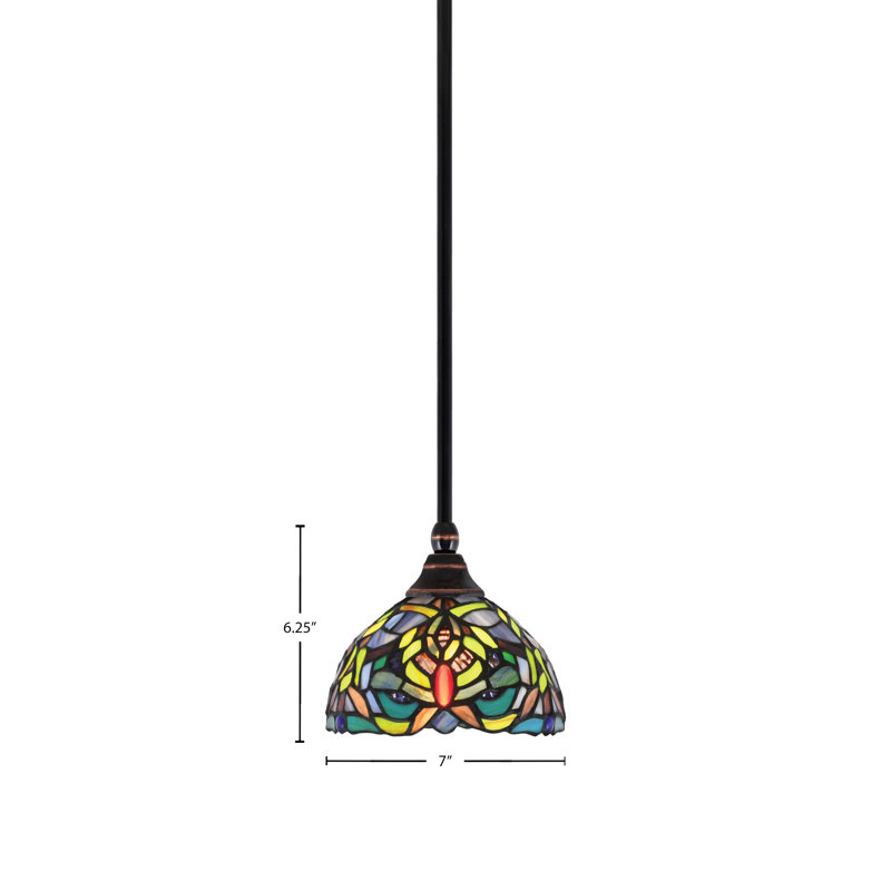 Stem Hung Mini Pendant With 7” Kaleidoscope Art Glass, Black Copper