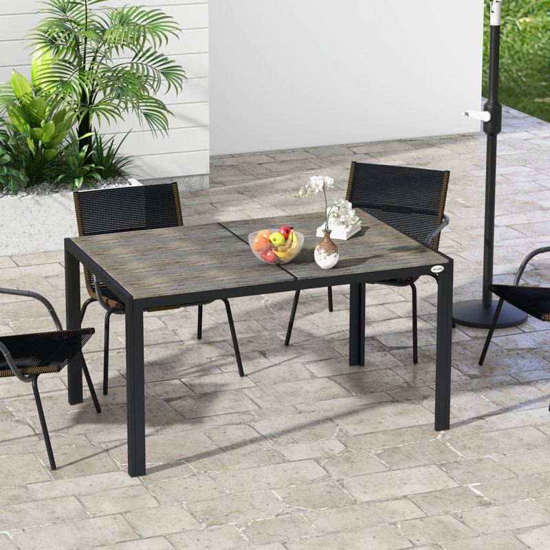 Table de salle à manger de patio rectangulaire en aluminium avec plateau en faux bois Outsunny