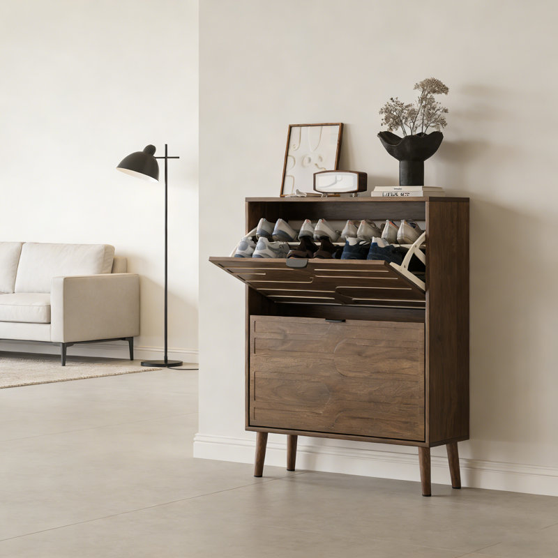Flip-Drawer Shoe Cabinet With Groove Panel Design