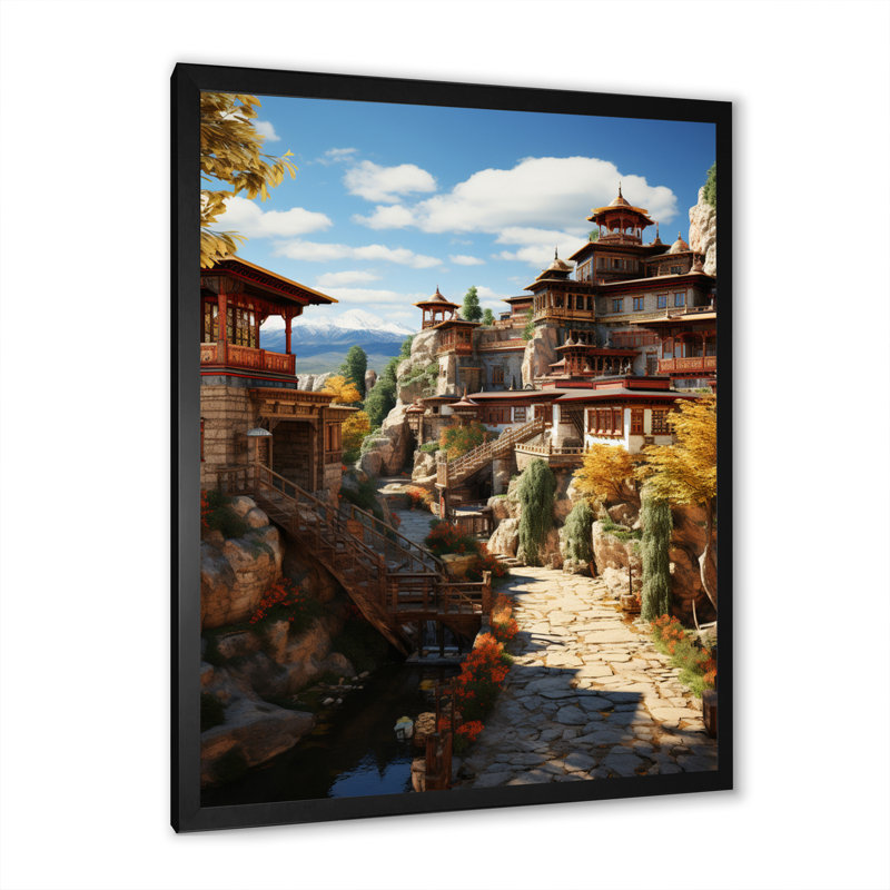 Art asiatique, monastère tibétain IV sur toile, Cadre photo noir, H 20 po x l 12 po x P 1 po