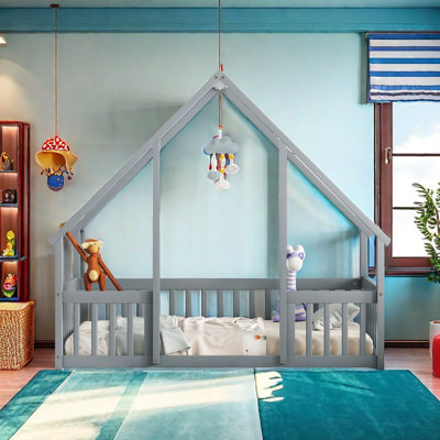 Wood House-Shaped Floor Bed With Fence, Guardrails by Harper Orchard