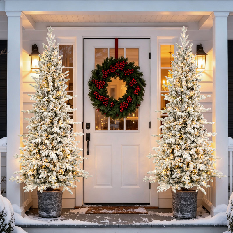 Arbre de Noël mince avec flocons de neige pré-éclairés, 6.5' H
