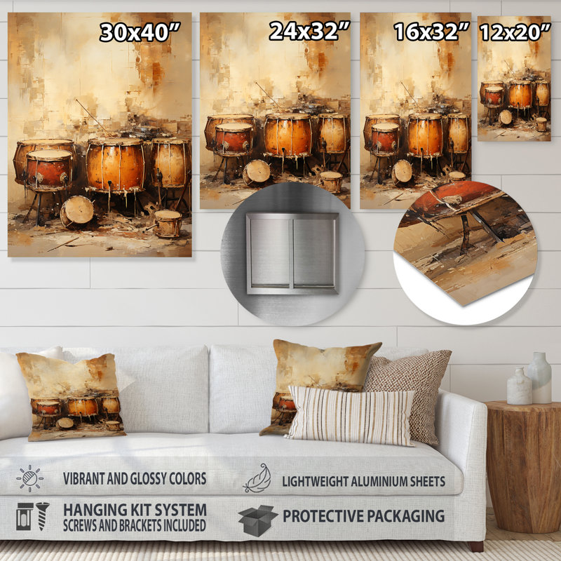 «Brown Music Drums», rythmique Revicat IV - musique, art mural en métal, H 40 po x l 30 po x P 1,5 po