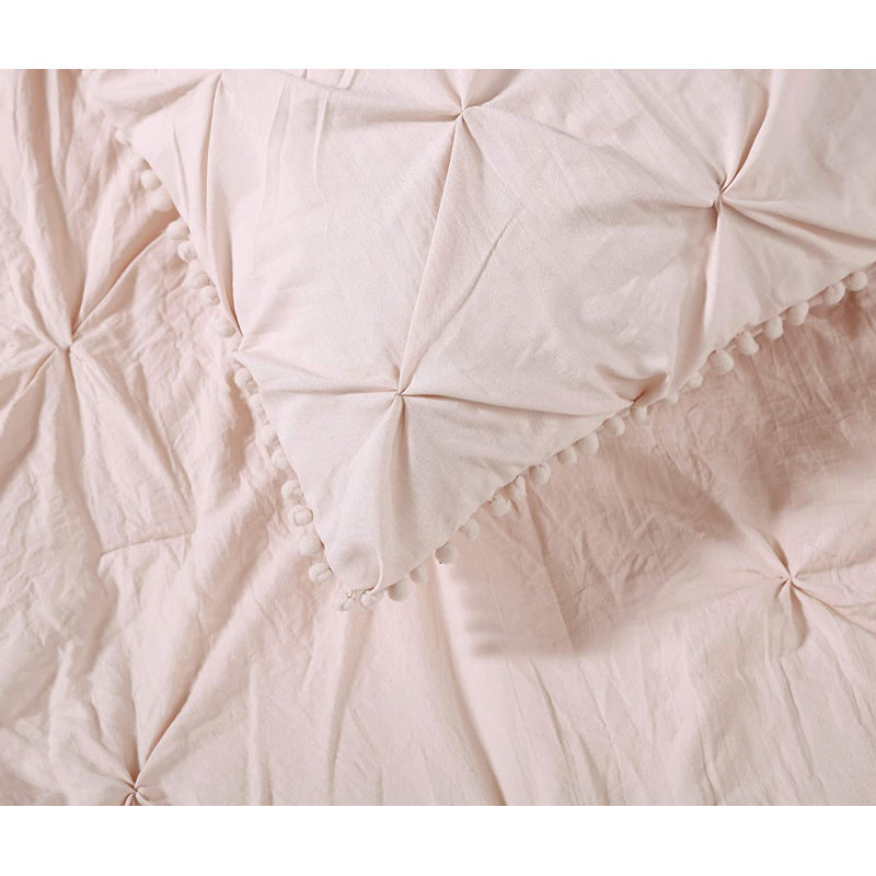 Natalia Washed Microfiber Pom Pom Pintuck Pleat Comforter Set, Blush, Queen Comforter + 2 King Shams