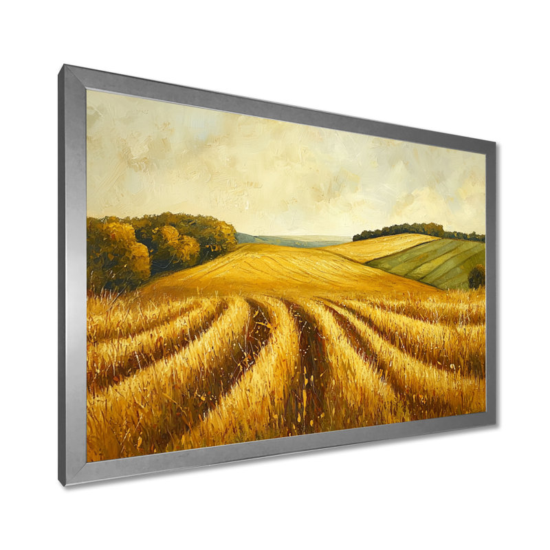 Paysage champêtre doré en automne III - campagne, art mural, H 16 po x l 32 po, Cadre flottant, Argent argent