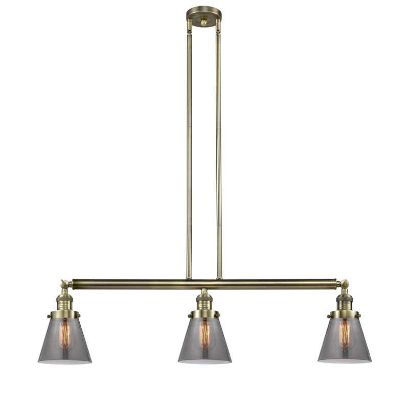 Luminaire suspendu pour îlot 3 lumières Cone, H 44 po x l 38,75 po x P 6 po, Plaqué couleur fumée, Laiton antique