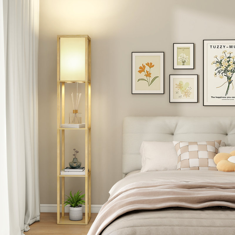 LED Shelf Floor Lamp, Wooden Reading Standing Light with Storage, Living Room Office, Beige