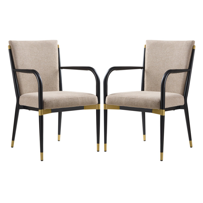 Blondell Modern Glam Iron Upholstered Dining Arm Chair with Toothpick Back Design, Light Brown Cushion/Black Frame