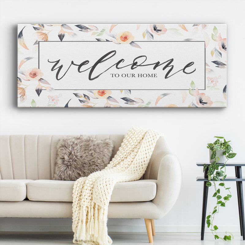 "Welcome to our home" sur toile, art textuel, H 20 po x l 50 po x P 1,5 po