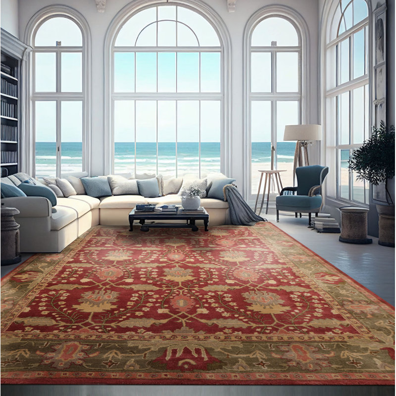 Tapis multicolore touffeté à la main en laine de couleur rouille traditionnelle olive rouge, Rectangle 4pi x 6 pi