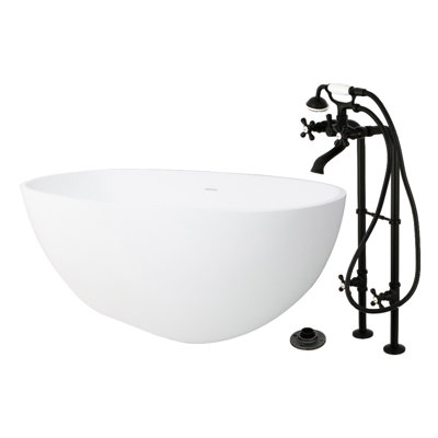Kingston Arcticstone 65-Inch Solid Surface Oval Double Ended Freestanding Tub With Faucet Combo And Drain