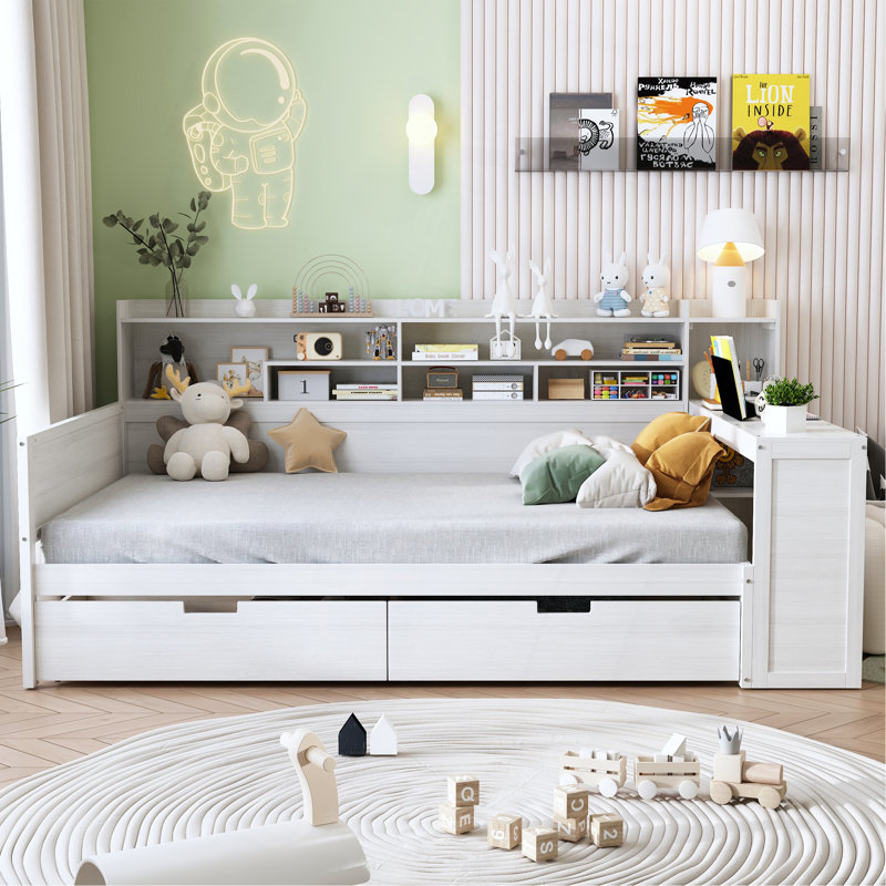 Lit de jour multifonctionnel en bois avec rangement et bureau d'étude pour optimiser l'espace, Blanc antique