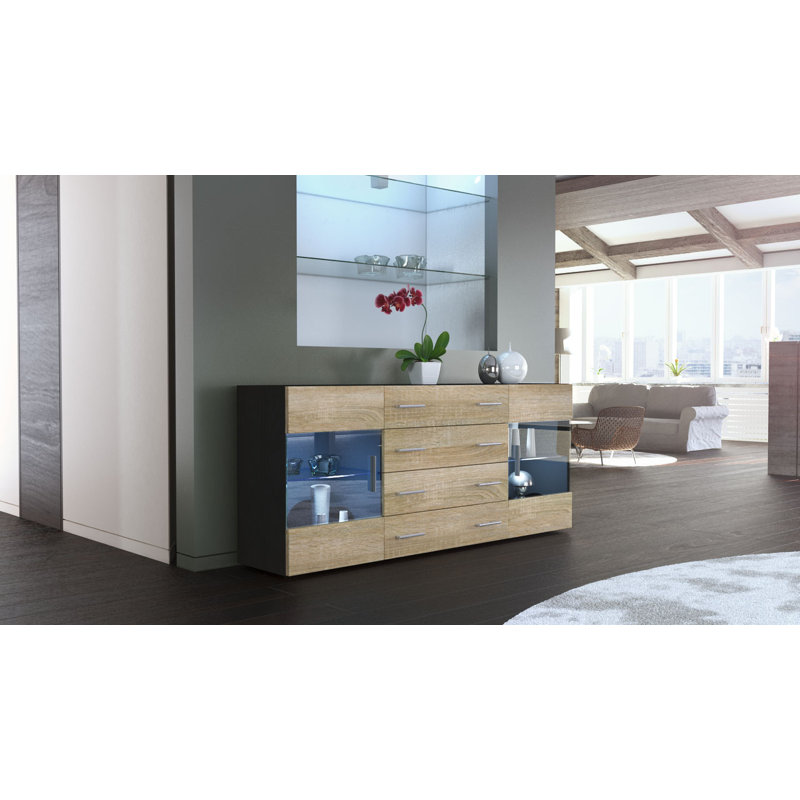 Bari 166cm Sideboard, No, Black (matt)/Oak