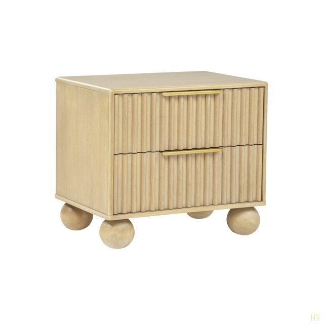 Table de chevet moderne à 2 tiroirs avec panneaux cannelés Modern, table de chevet en bois, pieds arrondis