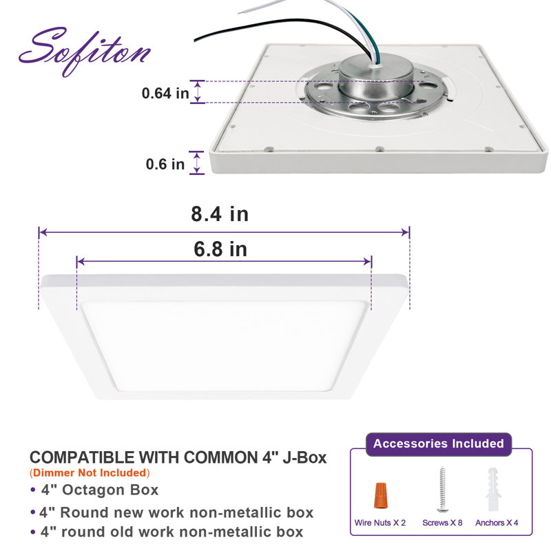 Plafonnier encastré en plastique Kentrell, H 0,6 po x l 8,4 po x P 8,4 po