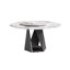 Table de salle à manger ronde de 57,5 po avec base en fer robuste, pouvant accueillir de 6 à 8 po, table tournante en pierre frittée blanche de 31,5 po, table de feu et moderne, sièges noirs de 6 à 8 po, faible perméabilité à l'eau, entretien facile-1287362018