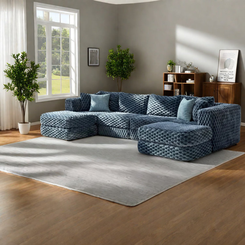Canapé modulaire moderne bleu en velours réglable en forme de U pour les salons spacieux