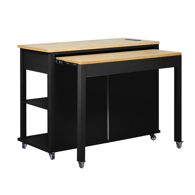 Kitchen Island With 47.2" X 19.7" Cabinet, Extendable Dining Table, Adjustable Shelves, Power Supply, Mobile Function 47 - Inch Countertop, Storage Compartments, Texture, Soft Close Hinges, Black