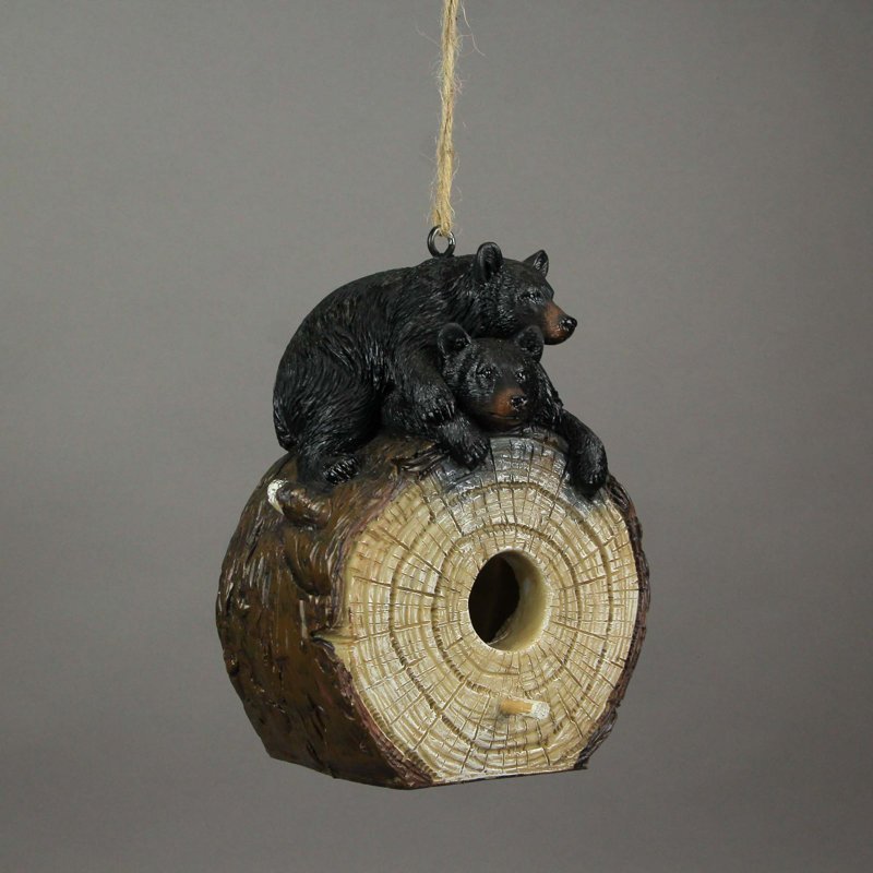 Nichoir suspendu rustique en résine avec motif d'oursons noirs et corde en jute, hauteur 19,7 cm