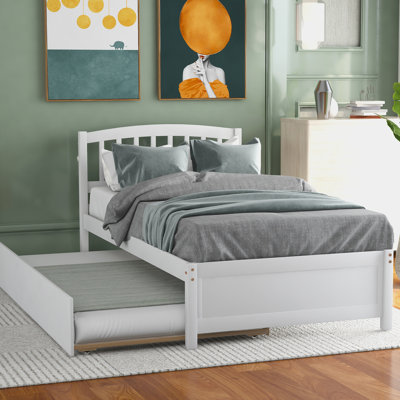 Twin Size Wood Bed Frame With Trundle In White - Elegant Design For Bedroom Platform Solid Space Saving
