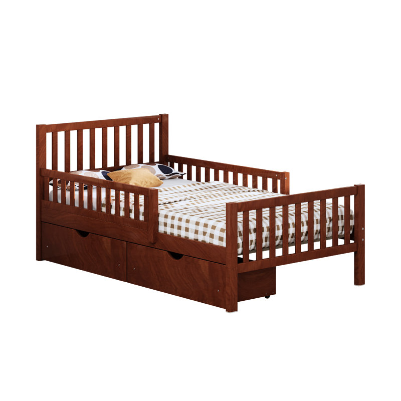 Lit simple, noyer, lit plateforme en bois, garde-corps, tiroirs de rangement, tête de lit droite, bois de pin massif, 8 supports uniformément espacés, tête de lit à solution d'optimisation d'espace, option
