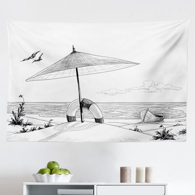 Beach Tapestry, Doodle Style Sketch Pattern Monochrome Illustration Ocean And Boat Pencil Drawing, Fabric Wall Hanging Decor For Bedroom Living Room D -  East Urban Home, 3991D93262E4410BA626EC8634FB428D