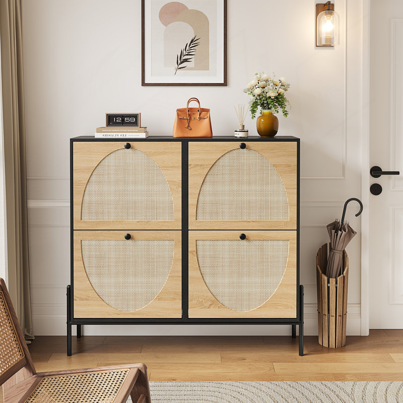 Rattan Shoe Cabinet With 4 Flip-Down Doors, Oak