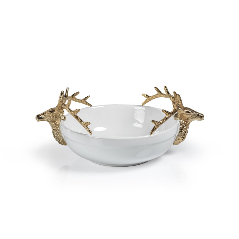 Bol décoratif en céramique Gusella en blanc / or, H 5,5 po x l 15 po x P 10 po