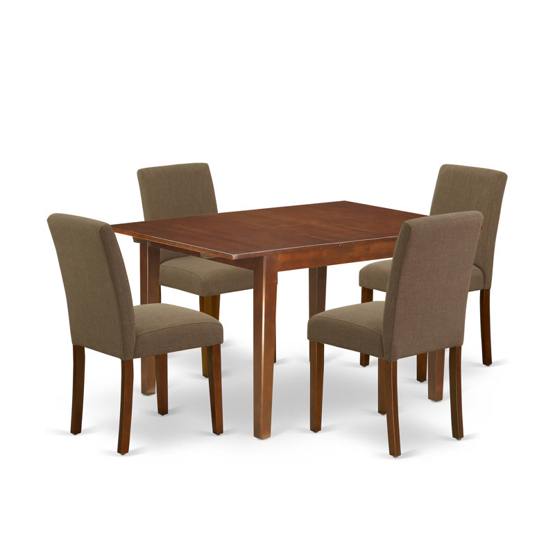 Ensemble de salle à manger 3 pièces pour petits espaces comprenant une table de salle à manger rectangulaire avec feuille papillon et 2 chaises Parson en tissu de café, acajou