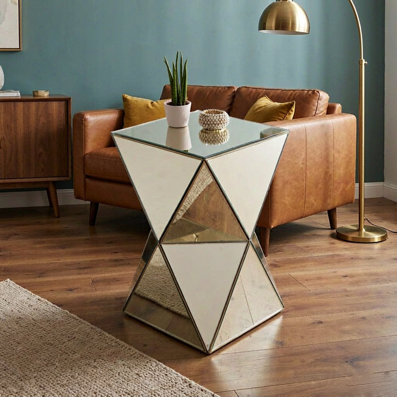 Table d'appoint de 33 cm avec incrustation de miroir triangulaire, table de chevet moderne et luxueuse avec surface réfléchissante pour salon, chambre à coucher, couleur champagne