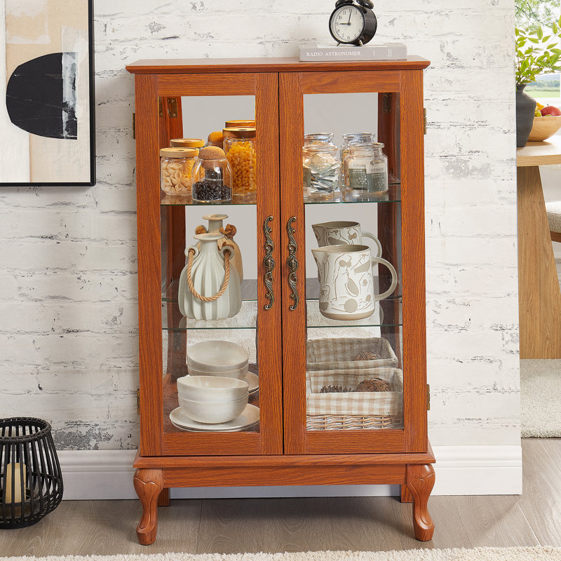 Vitrine 2 portes avec portes en verre trempé, armoires de terrasse avec panneau arrière en miroir et tablettes réglables, vitrine éclairée pour la maison, ampoule de bureau incluse CHÊNE FONCÉ
