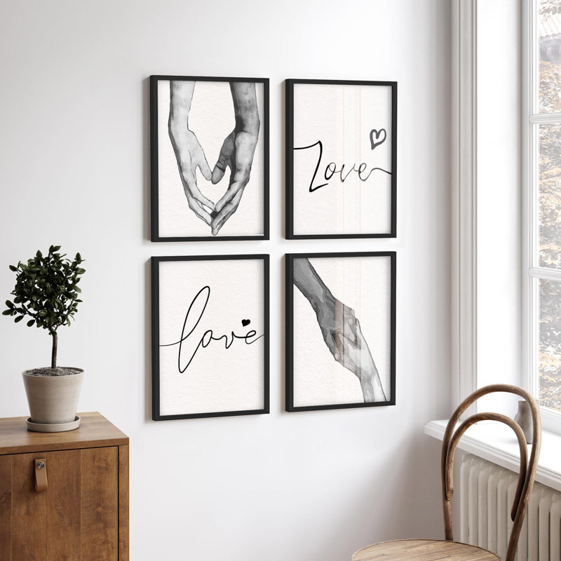 "Amour minimaliste et main tenant un dessin au trait", 4 pièces, Noir, H 28 po x l 22 po