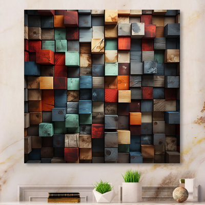 «Blue and Red Abstract Cubes II - Abstract Cubism», reproduction d'art murale