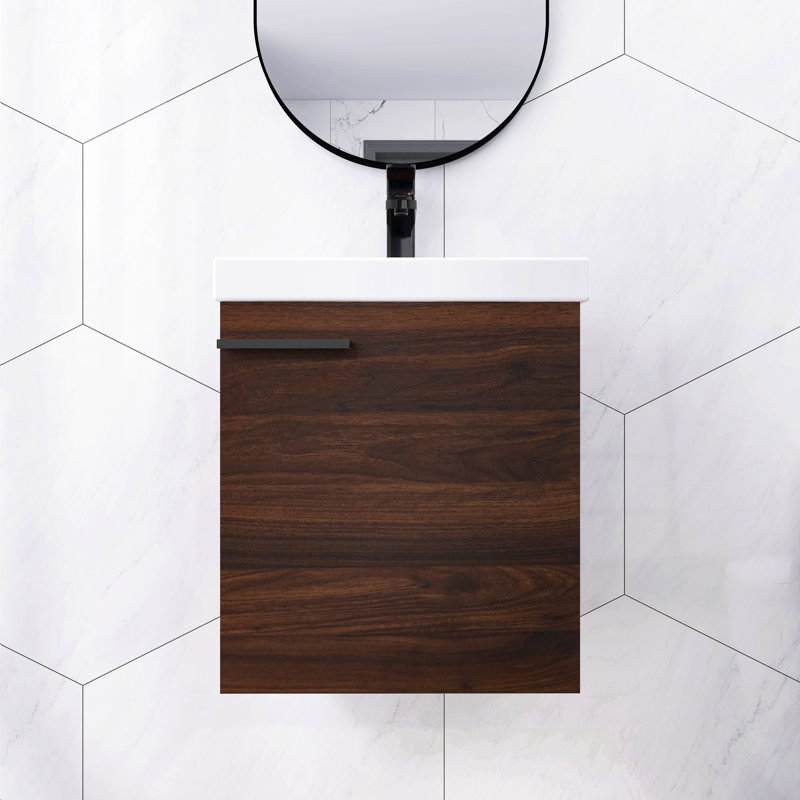 Armoire de meuble-lavabo et lavabo flottant 18 po en noyer de Californie avec cuve en céramique intégrée, Noyer de Californie