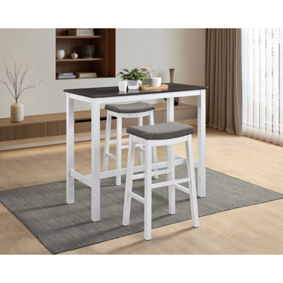 Ensemble de table de bar Bellea avec piètement en bois massif et tabourets à garniture cloutée, blanc/gris