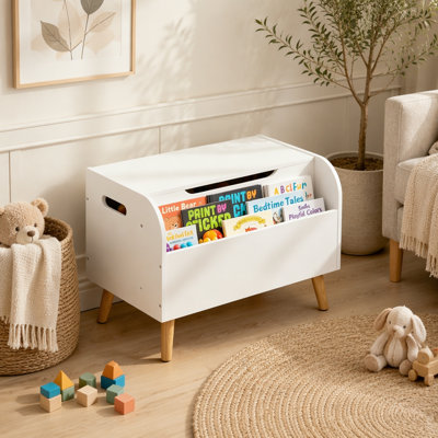 Wooden Toy Box with Front Bookshelf, Flip-Top Lid, and Safety Hinge for Kids Room Organization and Storage