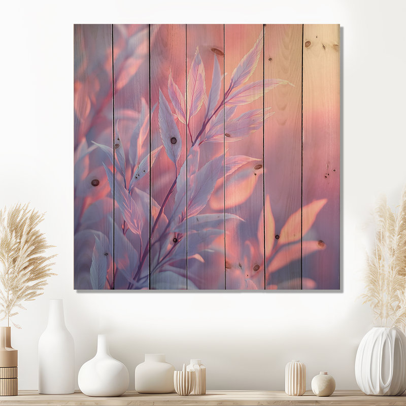 Coucher de soleil, feuilles de saule I - impression sur bois de feuilles - sur bois de pin naturel