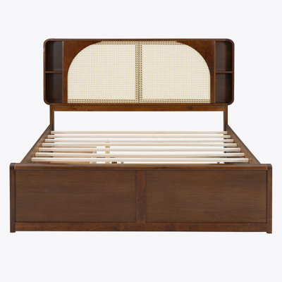 Queen Size Rattan Headboard Bed with Two Drawers and Trundle, Walnut