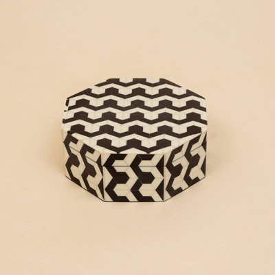 Decorative Bone Inlay Storage Box with Geometric Pattern,  Keepsake Organizer, Polished Finish, 7.5" x 7.5" x 3.5"